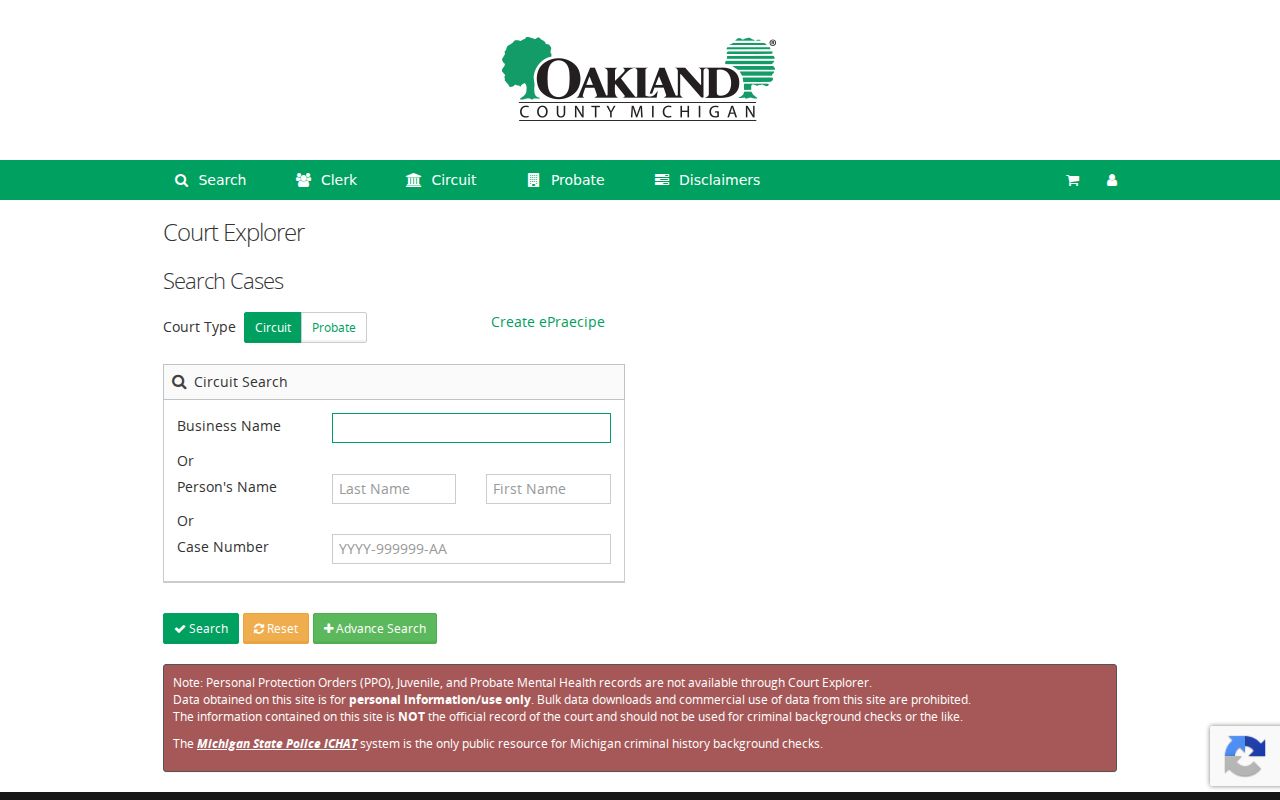 Southfield resident lookup Court Explorer Circuit and Probate search screen