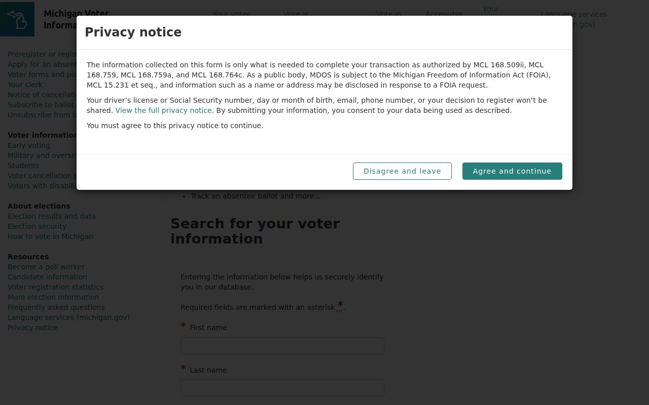 Southfield resident lookup Michigan Voter Information Center screen