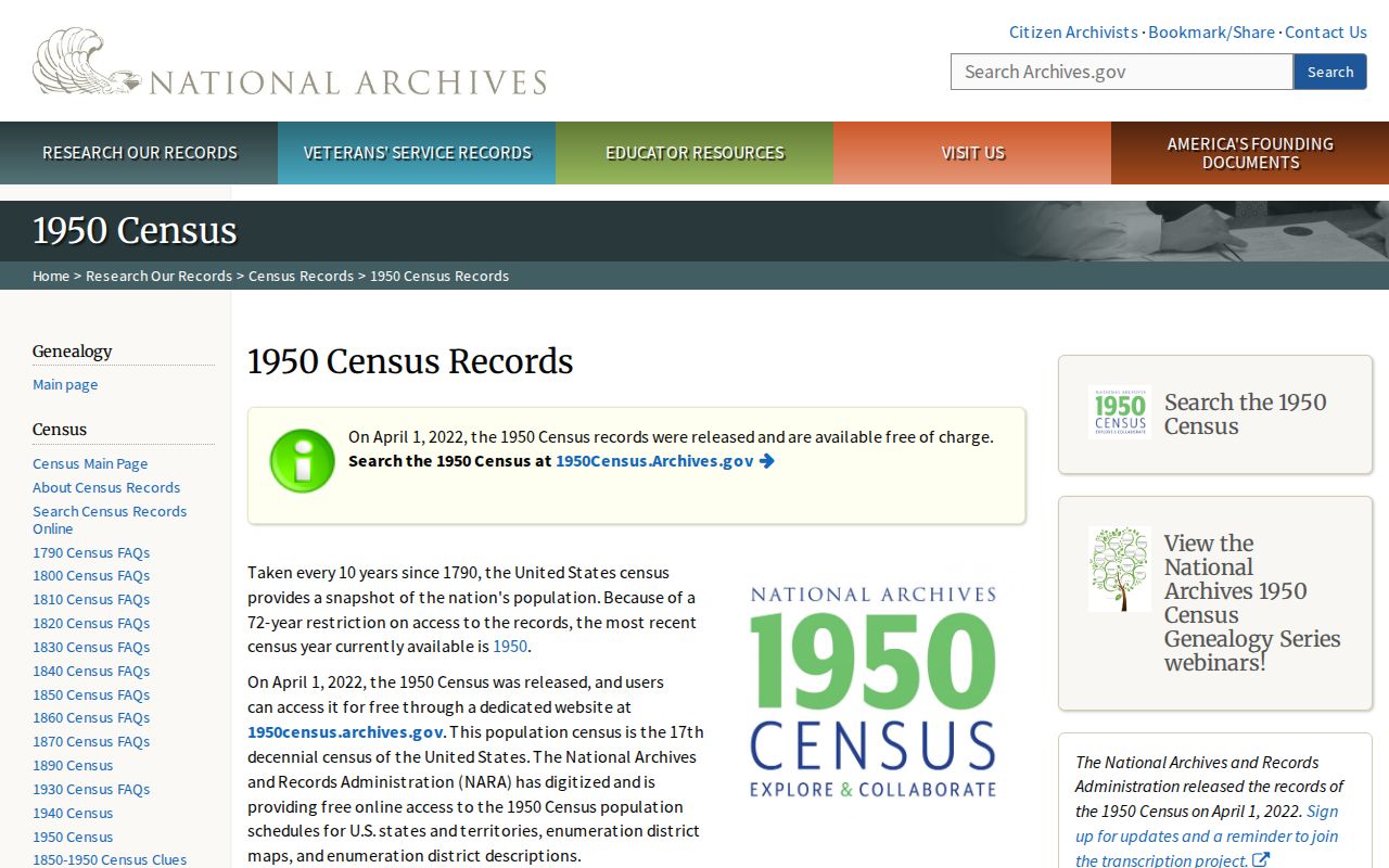 National Archives 1950 Census search page