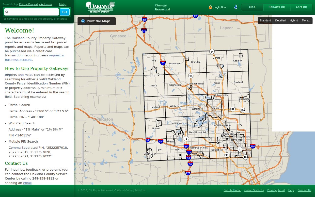 Oakland County Property Gateway search for a property address or PIN