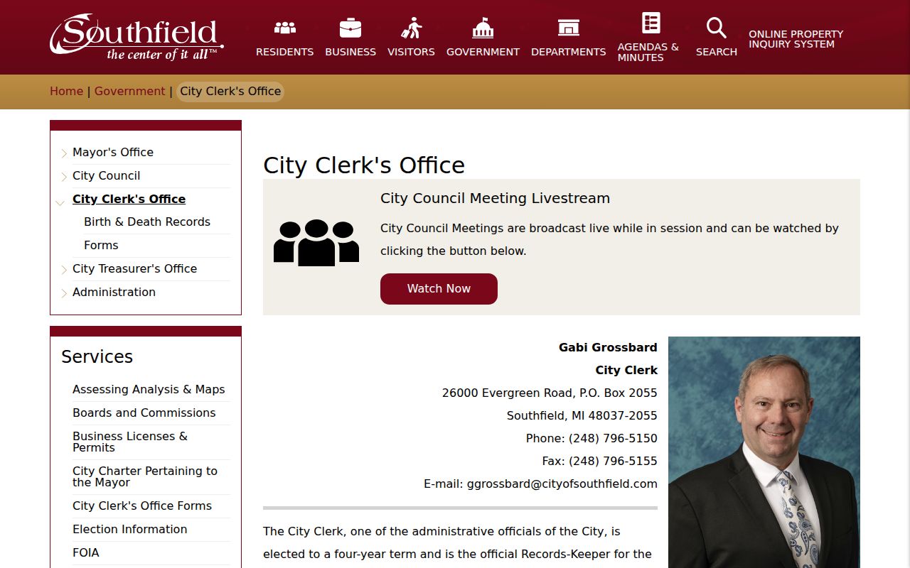 Southfield residents directory City Clerk records office page