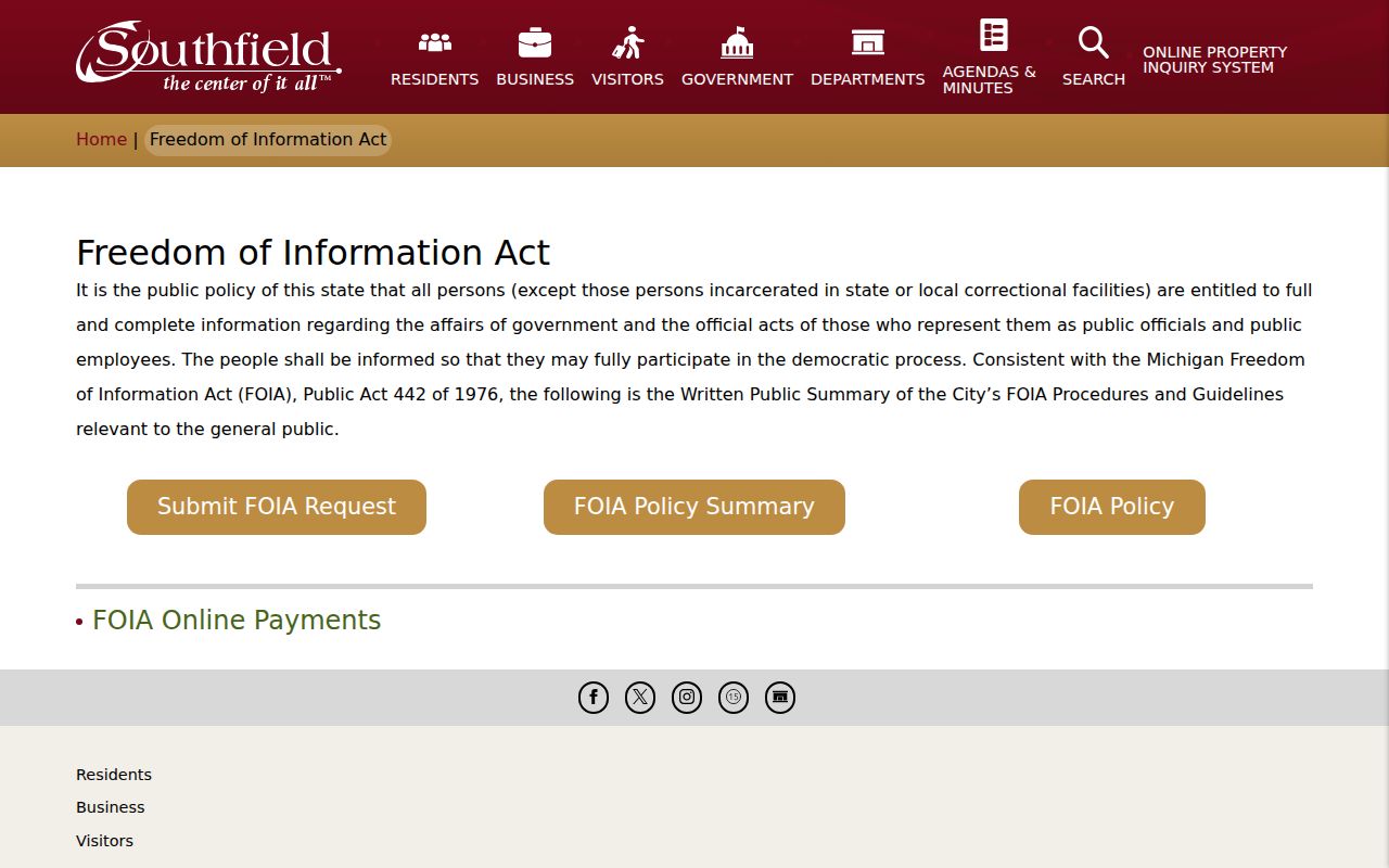 Southfield residents directory FOIA request page